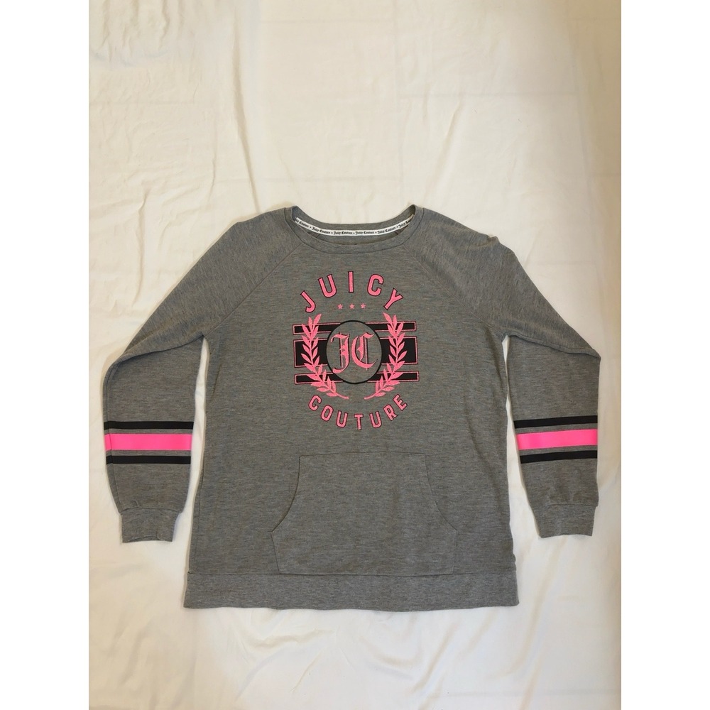 Juicy Couture Womens Gray Pink Logo Raglan Sweatshirt Kangaroo Pocket Medium